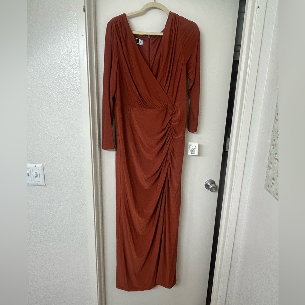 Elegant Cinnamon Long Sleeve Ruched Jersey Sheath Dress